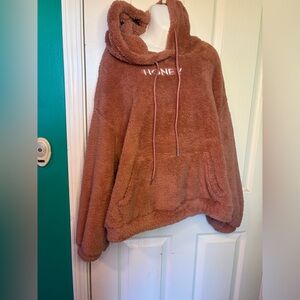 SHEIN Pink fuzzy hoodie with "Honey" embroidered